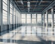 © DeepView - Bright and airy interior empty industrial nave offices with large windows and high ceilings , sunlight streaming in