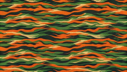 Seamless orange and green dark tiger stripe camo pattern, camouflage, fabric, design, texture, military, colors, vibrant