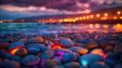 Beautiful summer evening landscape with colorful glowing pebbles on the beach at night, under a dark sky with blurred city lights.