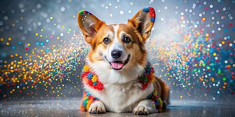 Sticker - Cute corgi dog covered in colorful polka dots with diamond dust, corgi, dog, colorful, polka dots, diamond dust, cute, adorable