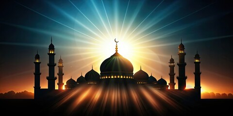 Wall Mural - Dark silhouette of a mosque or temple with bright light shining behind it, silhouette, mosque, temple, architecture, religious