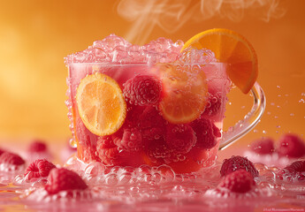 Hot cut of fruit raspberry tea with lemon.