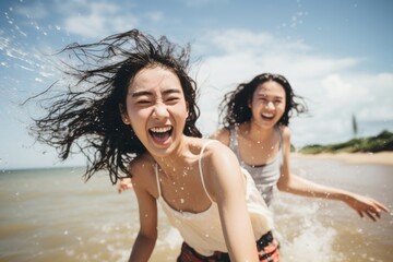 Poster - Thai teenage friends splashing laughing outdoors.