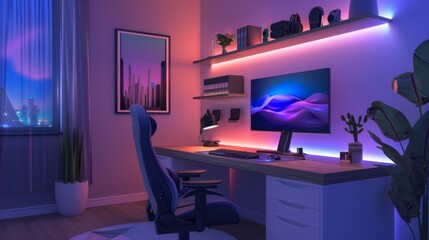Poster - A modern gaming desk with a blue and purple LED strip, a large monitor displaying an abstract image, and a comfortable gaming chair.