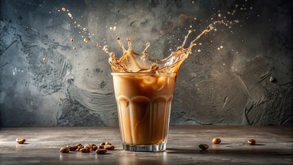 Sticker - Iced or frozen coffee in a glass, splash with drops, over grey background, iced coffee, frozen coffee, glass, drink