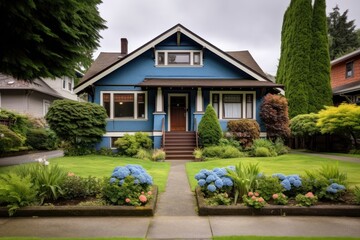 Poster - House with blue trim yard architecture outdoors.