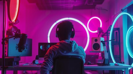 Poster - A young gamer sits at a desk in a studio, illuminated by bright neon lights.
