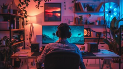 Poster - A person sits at a desk in their home office, engrossed in a video game on a large monitor. The room is softly lit with colorful lights, plants, and artwork.
