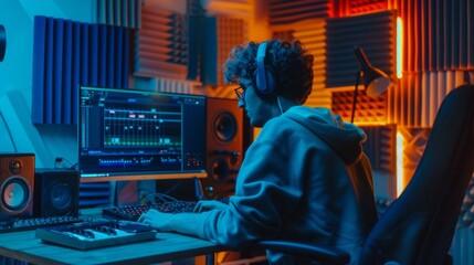 Poster - A music producer sits at a desk in their home studio, wearing headphones and looking at a computer screen. They are surrounded by soundproofing and have a keyboard and speakers setup.
