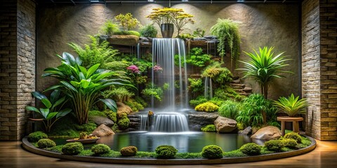 Sticker - Tiny garden featuring an indoor water fall , indoor, water feature, small, garden, decorative, calm, peaceful, zen, relaxation