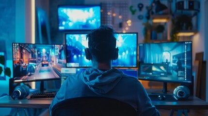 Poster - A person sits in front of a computer, playing a video game. The room is lit with blue light, and the person is wearing headphones.