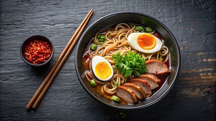 Canvas Print - Spicy ramen bowl with meats and half boiled egg, ramen, spicy, bowl, noodles, broth, meats, half boiled egg, Asian cuisine