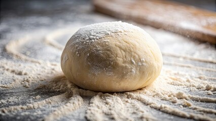 Canvas Print - Close-up photo of a ball of dough being rolled out on a floured surface, dough, flour, baking, rolling pin