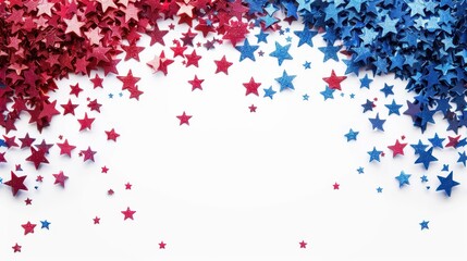 A burst of red and blue star-shaped confetti is scattered across a white canvas, creating a joyful and festive atmosphere perfect for celebrations and patriotic events.