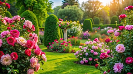 Poster - Beautiful garden with blooming rose bushes in summer, roses, garden, blooming, flowers, summer, beauty, plants, landscape