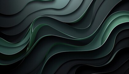Poster - Abstract dark green and black wavy layers, modern three-dimensional background, elegant design, flowing shapes and lines.