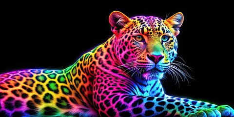 Canvas Print - Vibrant neon colored leopard against a black background, neon, colored, leopard, animal, wild, vibrant, black, background, bright