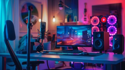 Poster - A close-up view of a gamer's desk with a computer monitor displaying a video game, a microphone, speakers, and a gaming chair. The desk is lit with colorful LED lights.