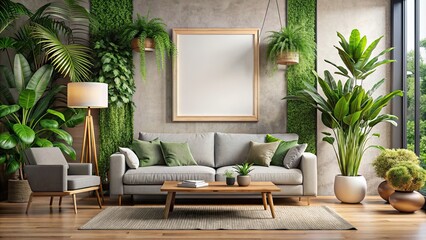 Sticker - Interior of a modern living room with a mock-up poster frame, comfortable sofa, and lush green plants, modern, living room