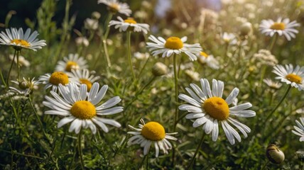 Chamomile Blossoms Along the Field Edge, Beautiful Nature Scene with Blooming Medicinal Chamomiles