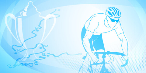 Wall Mural - Cycling themed background in light blue colors with sport symbols such as an athlete cyclist, cup and a bike race route, as well as abstract curves and dots