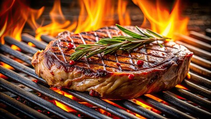 Poster - Juicy steak sizzling on the grill, grilling, barbecue, cooking, meat, food, tasty, delicious, medium rare, flames, smoke, outdoor