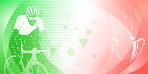 Wall Mural - Cycling themed background in the colors of the national flag of Italy, with sport symbols such as an athlete cyclist and a cup, as well as abstract curves and dots