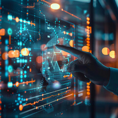 Poster - Close-up of a male hand pointing at a creative glowing business chart interface hologram on a blurry office interior background. Concept of company digital data, guidance, and computer analysis.