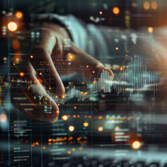 Poster - Close-up of a male hand pointing at a creative glowing business chart interface hologram on a blurry office interior background. Concept of company digital data, guidance, and computer analysis.