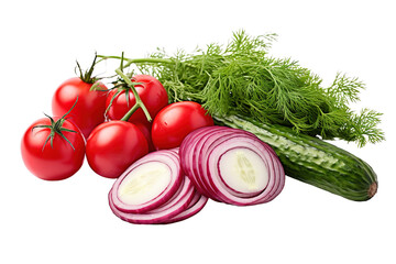 Wall Mural - A Vibrant Display of Fresh Tomatoes, Cucumbers, Red Onions, and Dill on a White or Clear Surface PNG Transparent Background