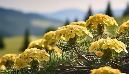 Wall Mural - cypress spurge yellow flowers closeup selective focus