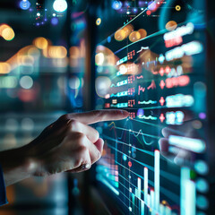 Poster - Close-up of a male hand pointing at a creative glowing business chart interface hologram on a blurry office interior background. Concept of company digital data, guidance, and computer analysis.