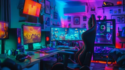 Poster - A computer gaming setup with a black gaming chair, RGB lighting, and multiple monitors.