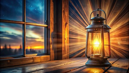 Wall Mural - Lantern glowing in the night, casting warm light with sun rays shining through window, lantern, night, light, glow, dark