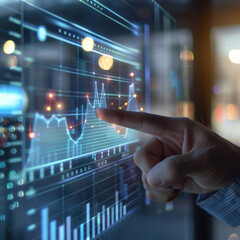 Poster - Close-up of a male hand pointing at a creative glowing business chart interface hologram on a blurry office interior background. Concept of company digital data, guidance, and computer analysis.