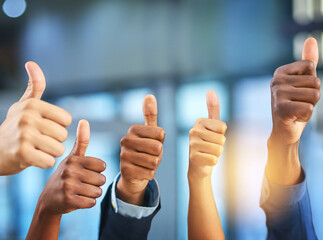 Fototapete - Employees, people and hands with thumbs up in office for agreement, approval and teamwork. Business, collaboration and winning for partnership on deal for project or task with team building and unity