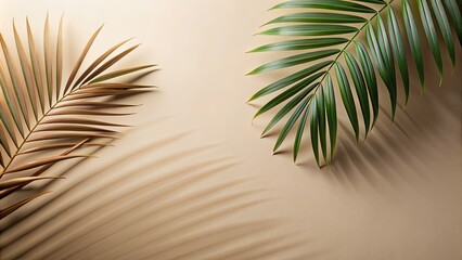 Canvas Print - Beige background with shadow and palm leaves, beige, background, shadow, palm leaves, tropical, nature, green, minimalist, foliage