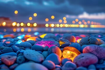 colorful glowing pebbles on a beach at night, illuminated by warm lights under a dark sky. blurred c