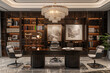 © Artistic Assets - Modern Chinese style, high-end office desk and bookcase combination with chandelier lighting, high definition rendering. Created with Ai