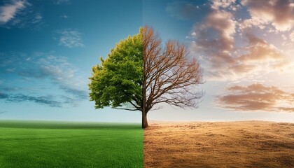 Wall Mural - concept of climate changing half dead and alive tree outdoors banner design