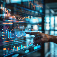 Poster - Close-up of a male hand pointing at a creative glowing business chart interface hologram on a blurry office interior background. Concept of company digital data, guidance, and computer analysis.