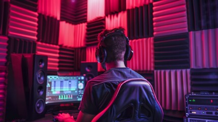 Poster - a man sits in a red-lit studio, wearing headphones and facing a computer screen. he appears to be wo