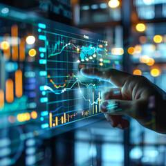 Poster - Close-up of a male hand pointing at a creative glowing business chart interface hologram on a blurry office interior background. Concept of company digital data, guidance, and computer analysis.