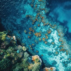 Wall Mural - A coral reef seen from above with clear blue waters and vibrant marine life offers a breathtaking glimpse into the underwater world.