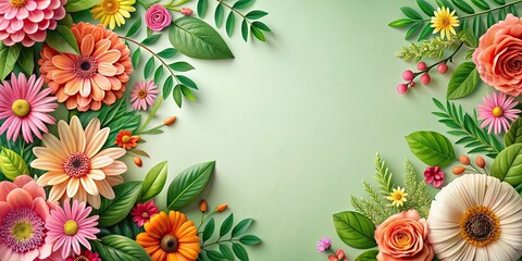 Sticker - Abstract floral background with pink, green, and orange flowers and leaves, floral, abstract, background, pink, green, orange