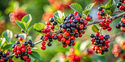 Wall Mural - Branches of Frangula alnus with black and red berries, close-up, Frangula alnus, branches, black berries, red berries