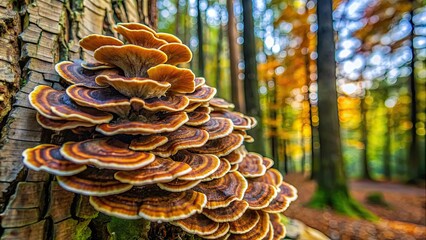 Wall Mural - Beautiful Trametes versicolor mushroom growing on tree trunk , Polypore, Fungus, Nature, Forest, Organic, Medicinal, Healing