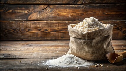 Canvas Print - A bag of flour on a rustic wooden table, baking, ingredient, kitchen, cooking, food, white, powder, sack, organic