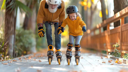 Grandfather and Granddaughter Rollerblading in Autumn