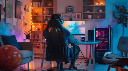 Aufkleber - A person sits in a gaming chair in a brightly lit home office, focused on a computer screen. The room is decorated with colorful lights and gaming accessories.